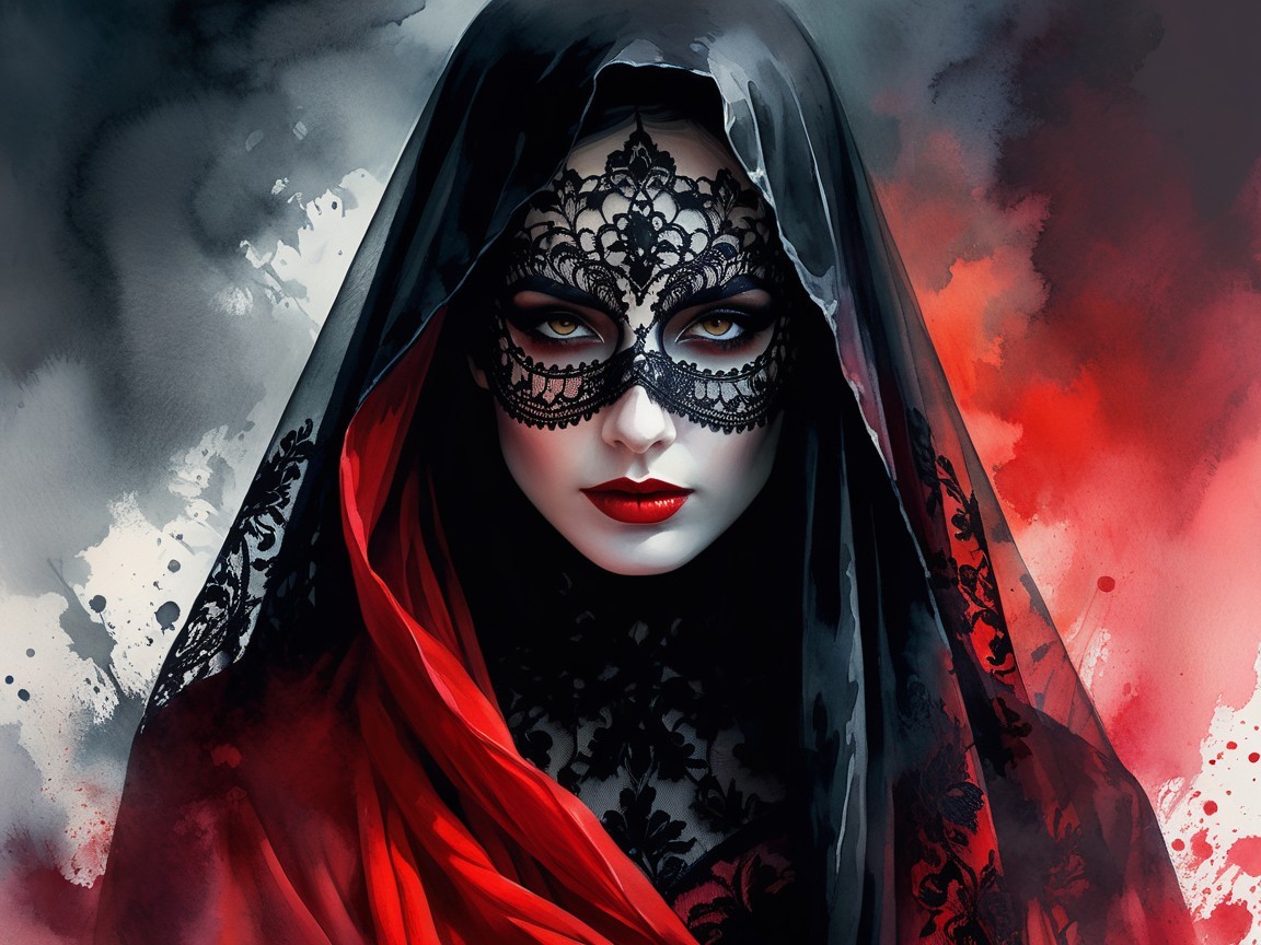 Mysterious Woman in Red and Black Attire with Mask