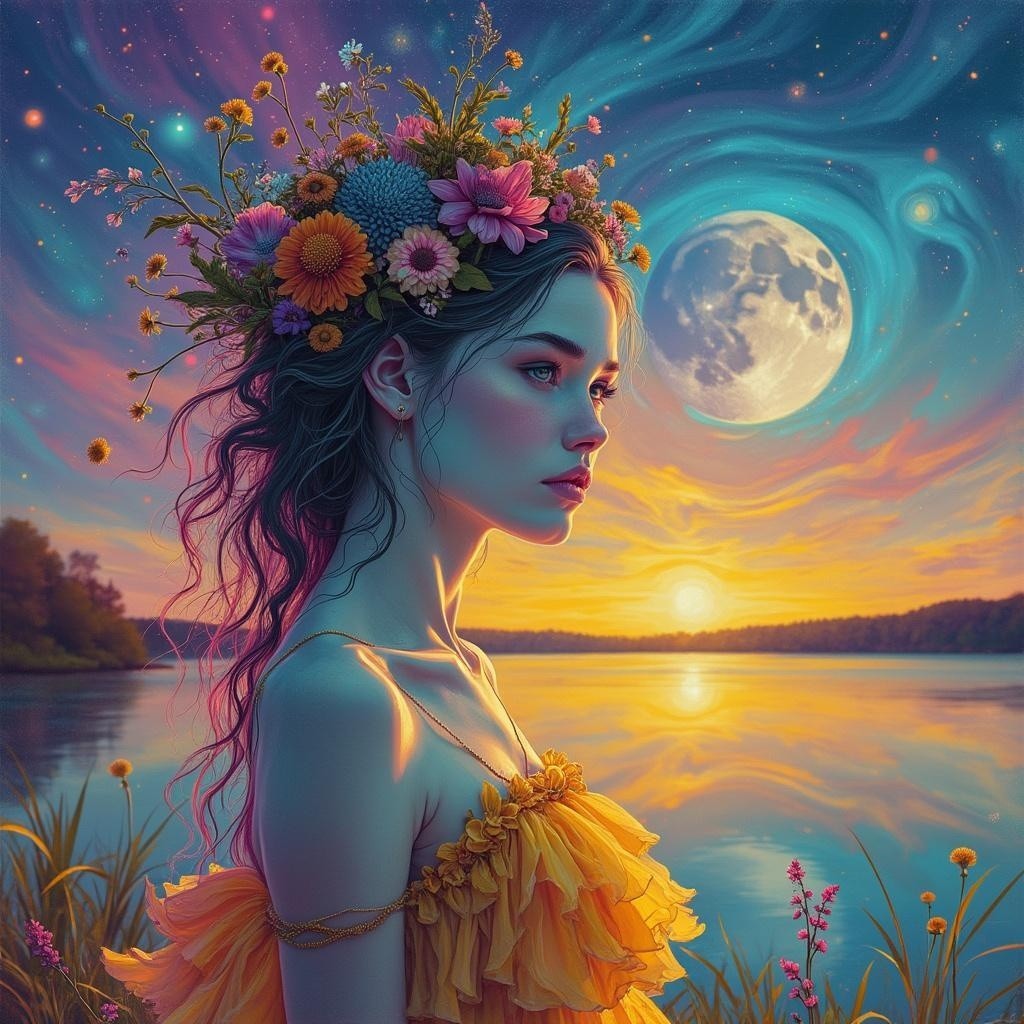 Young Woman with Floral Crown at Sunset by Lake