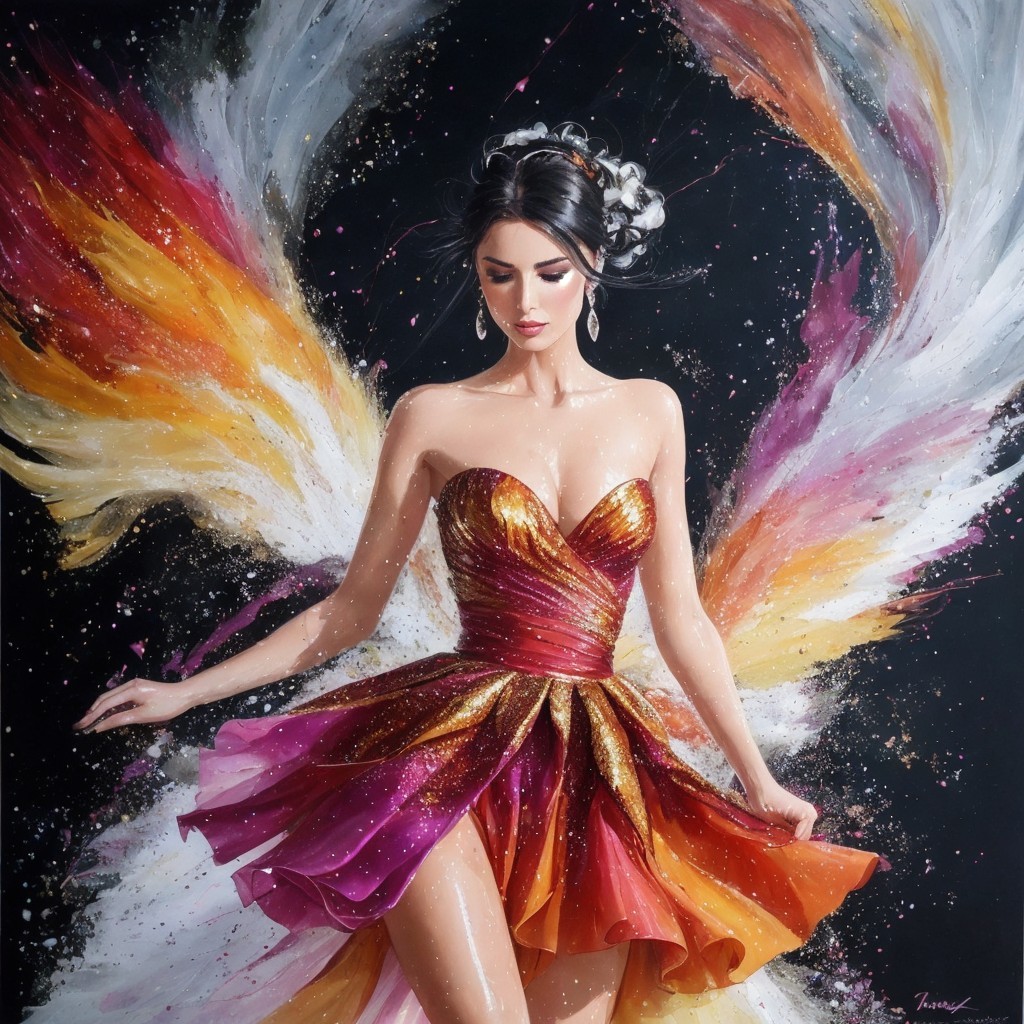 Elegant Woman in Multi-Hued Flame-Inspired Dress