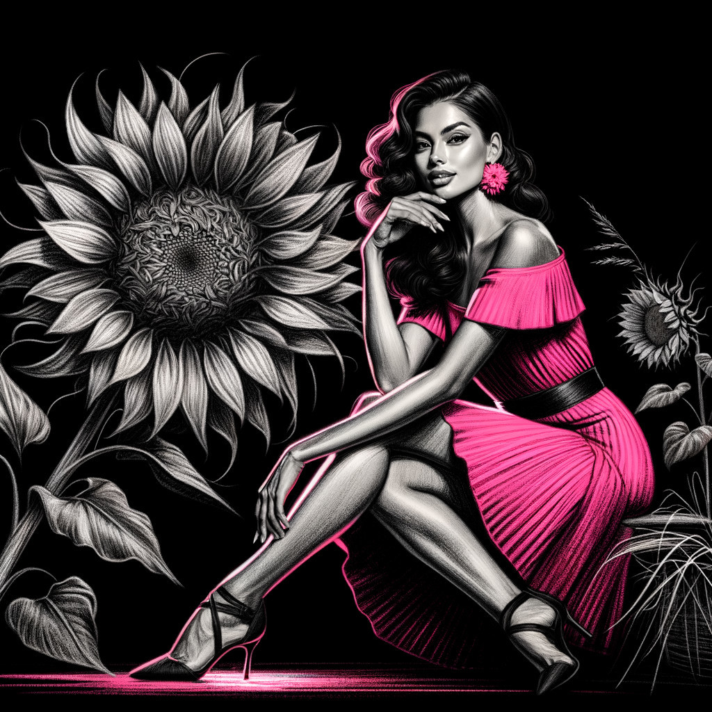 Stylish Woman in Pink Dress with Sunflower Backdrop