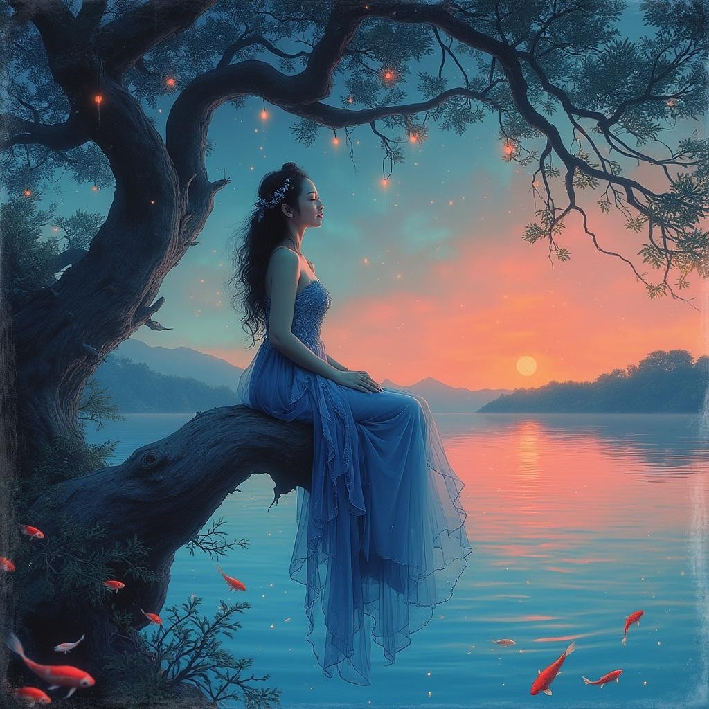 Young Woman in Blue Gown by Tranquil Lake at Sunset