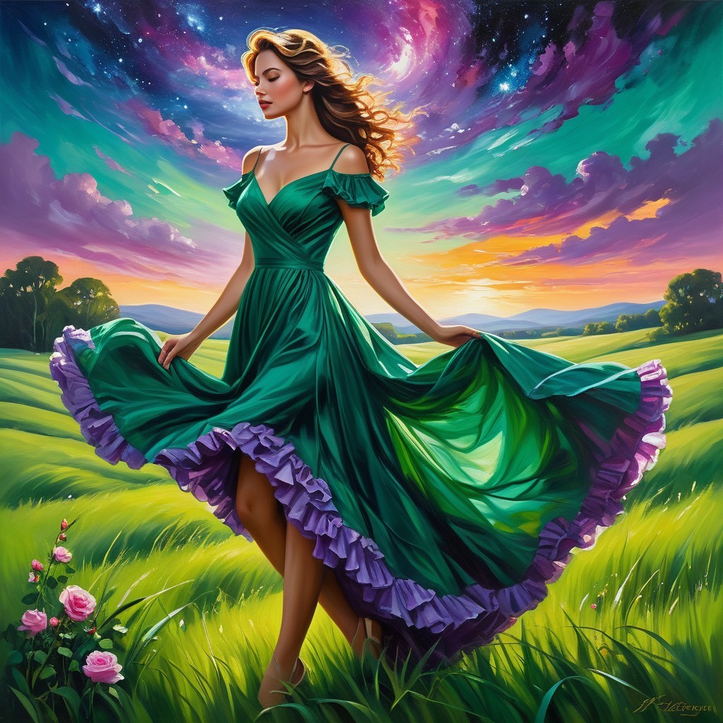 Woman in Green Dress Twirling in Colorful Meadow