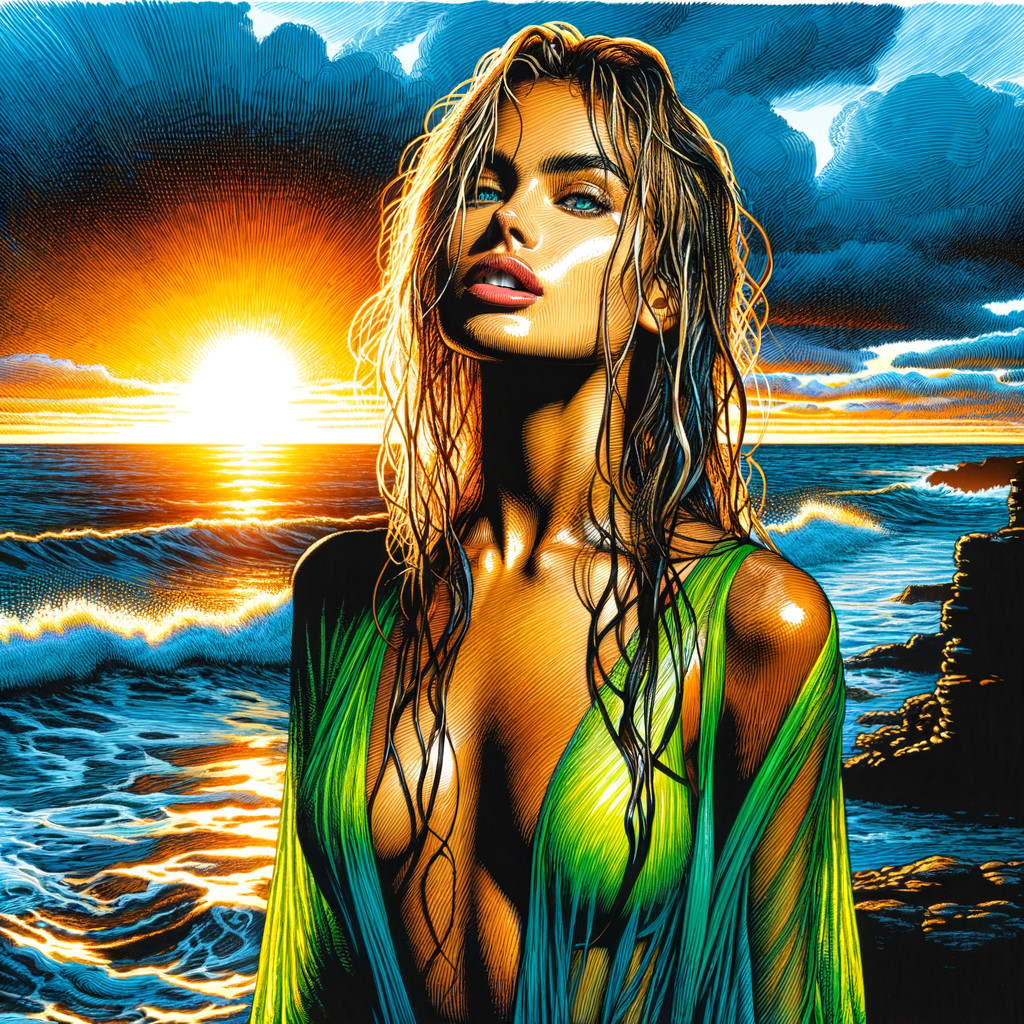 Stunning Woman at Shore with Sunset and Waves