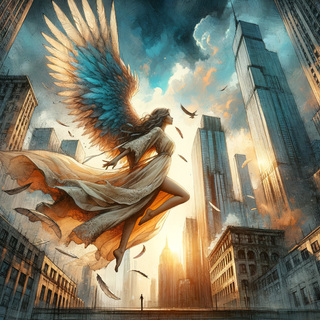Majestic angel with blue wings over a cityscape