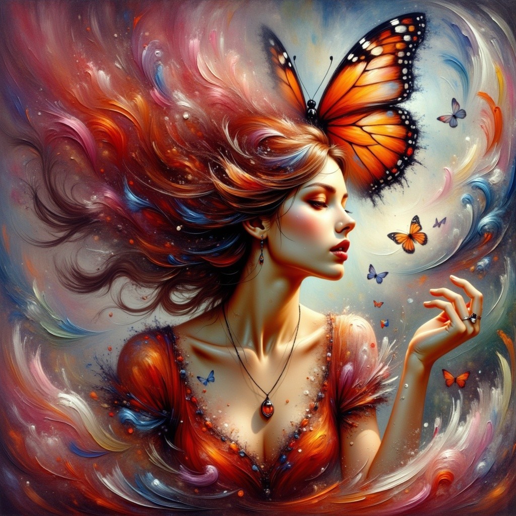 Ethereal Woman Surrounded by Colorful Butterflies