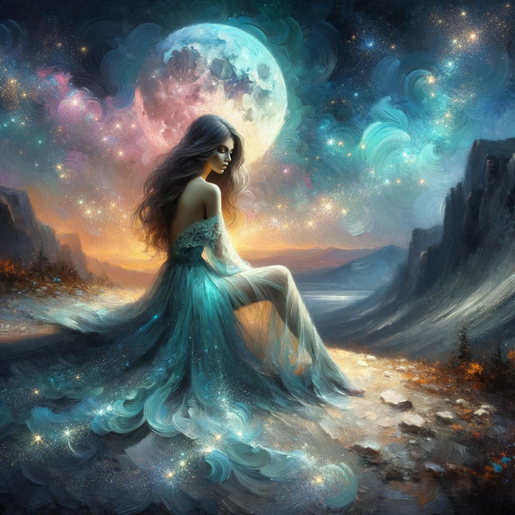 Mystical Scene with Ethereal Figure and Cosmic Sky