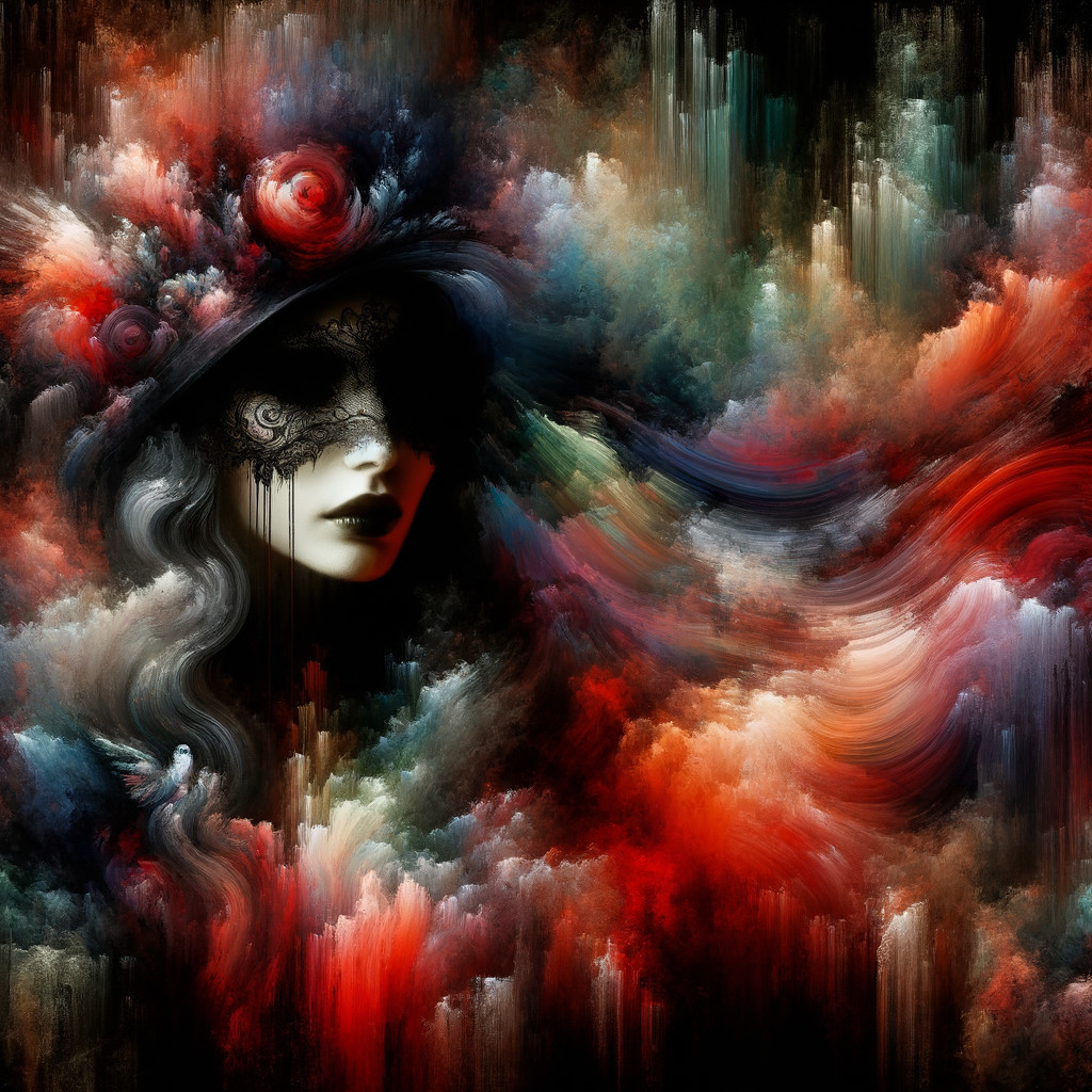 Mysterious Figure with Rose Mask in Dreamlike Colors