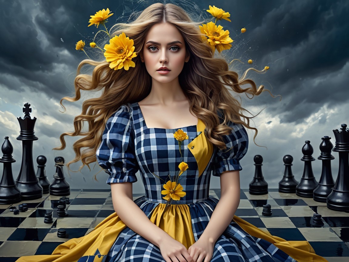 Young Woman in Floral Dress at Chessboard with Clouds
