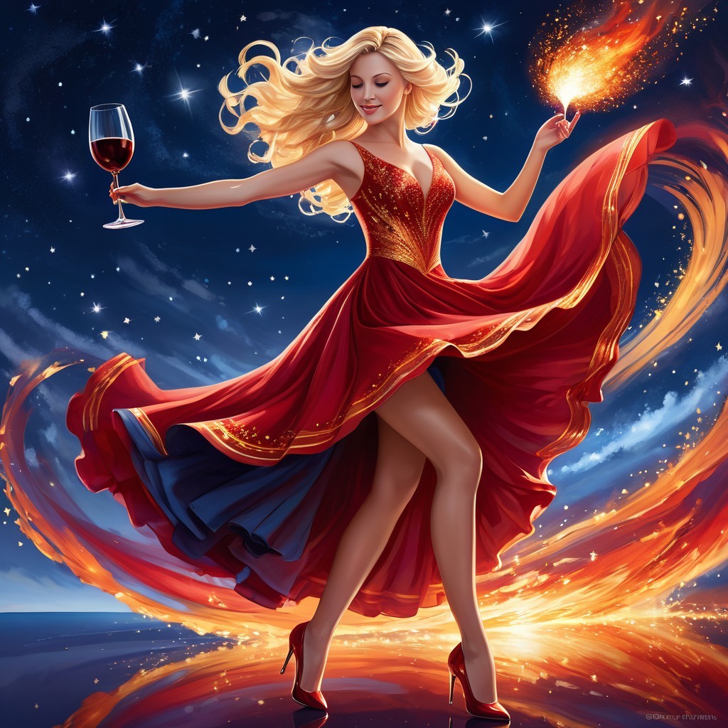 Glamorous woman in red dress with sparkler at night