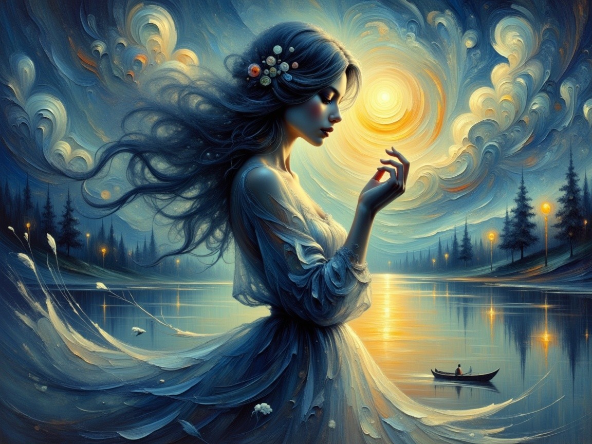 Serene figure by tranquil lake under glowing moon