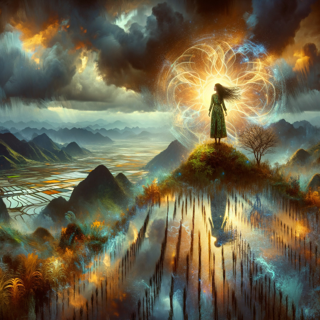 Serene Landscape with Figure and Mystical Light Burst