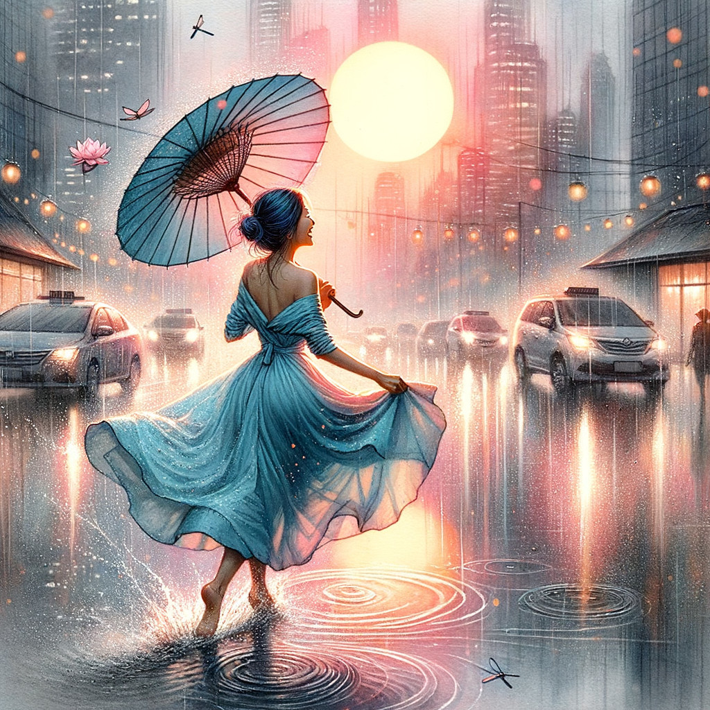 Woman in blue dress twirls in the rain with umbrella