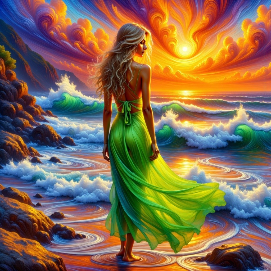 Sunset Scene with Woman in Green Dress on Beach