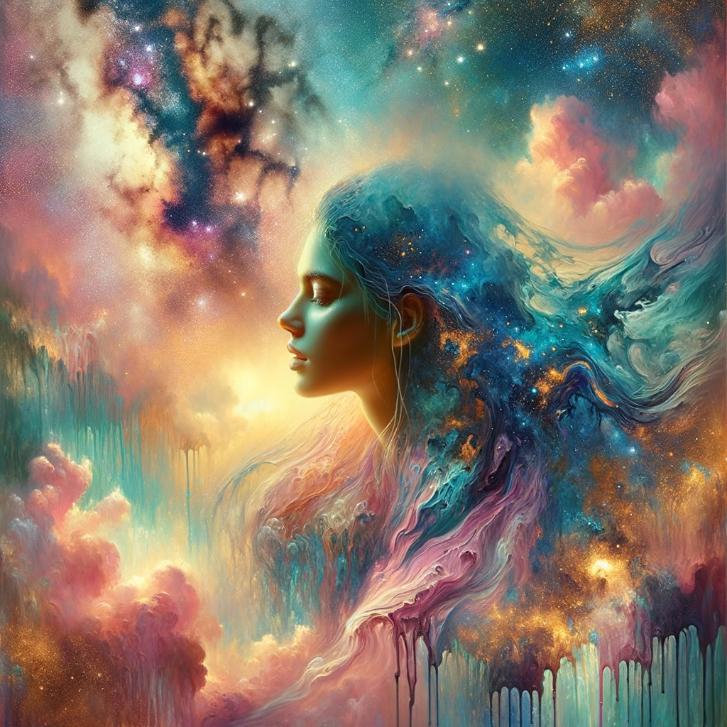 Surreal Woman's Profile Merged with Cosmic Landscape