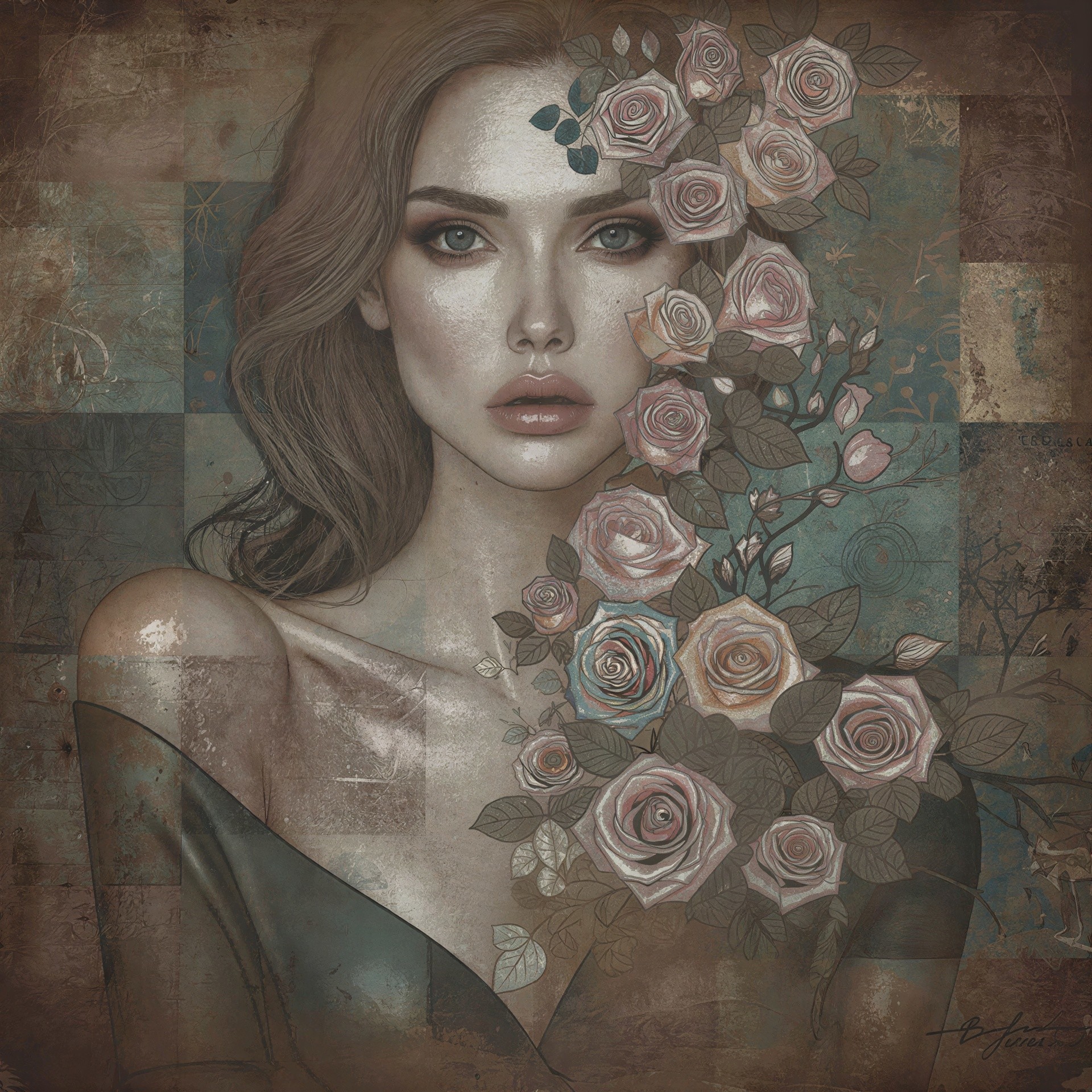 Digital Portrait of a Woman with Floral Garland