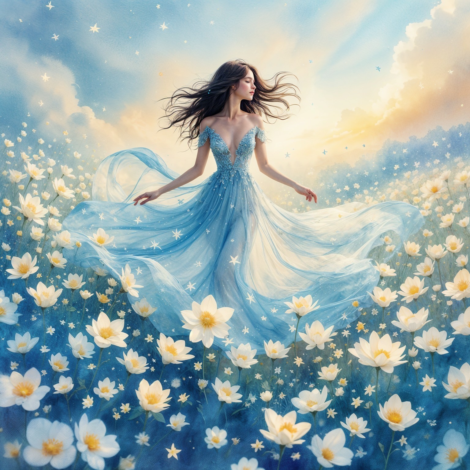 Young Woman in Blue Gown Twirling in Flower Field