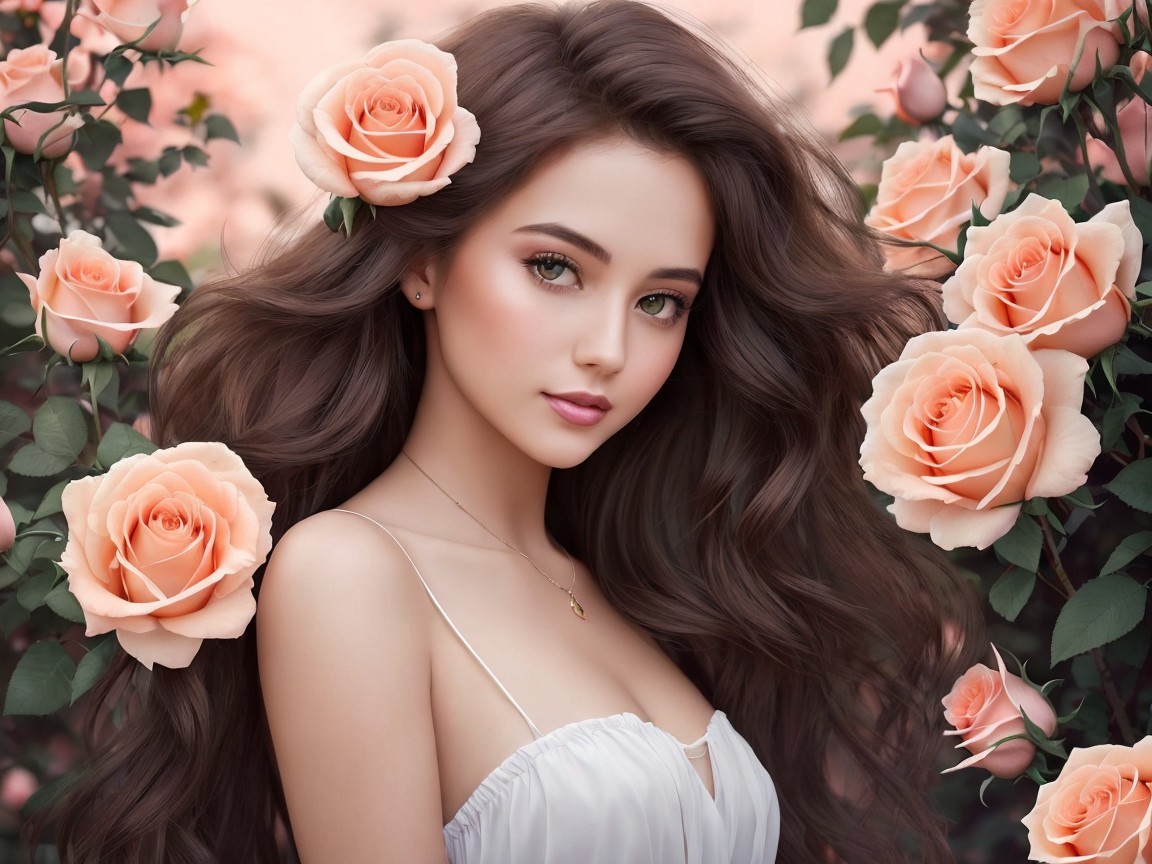 Woman in a white dress surrounded by peach roses