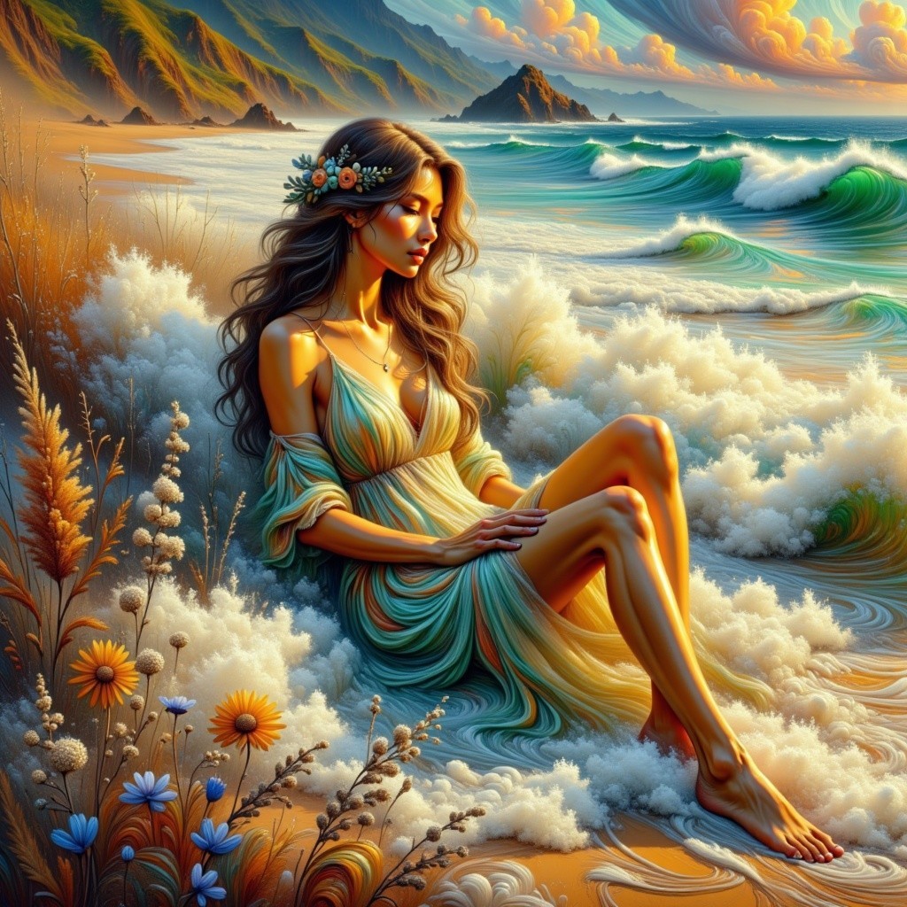 Serene Beach Scene with Woman Embracing Waves