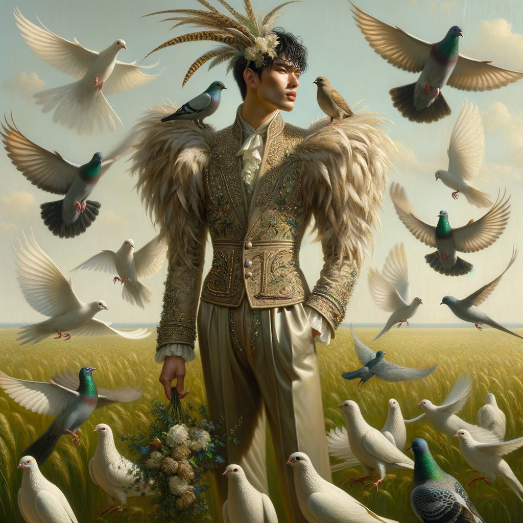 Ornate Feathered Outfit in Vibrant Field Scene
