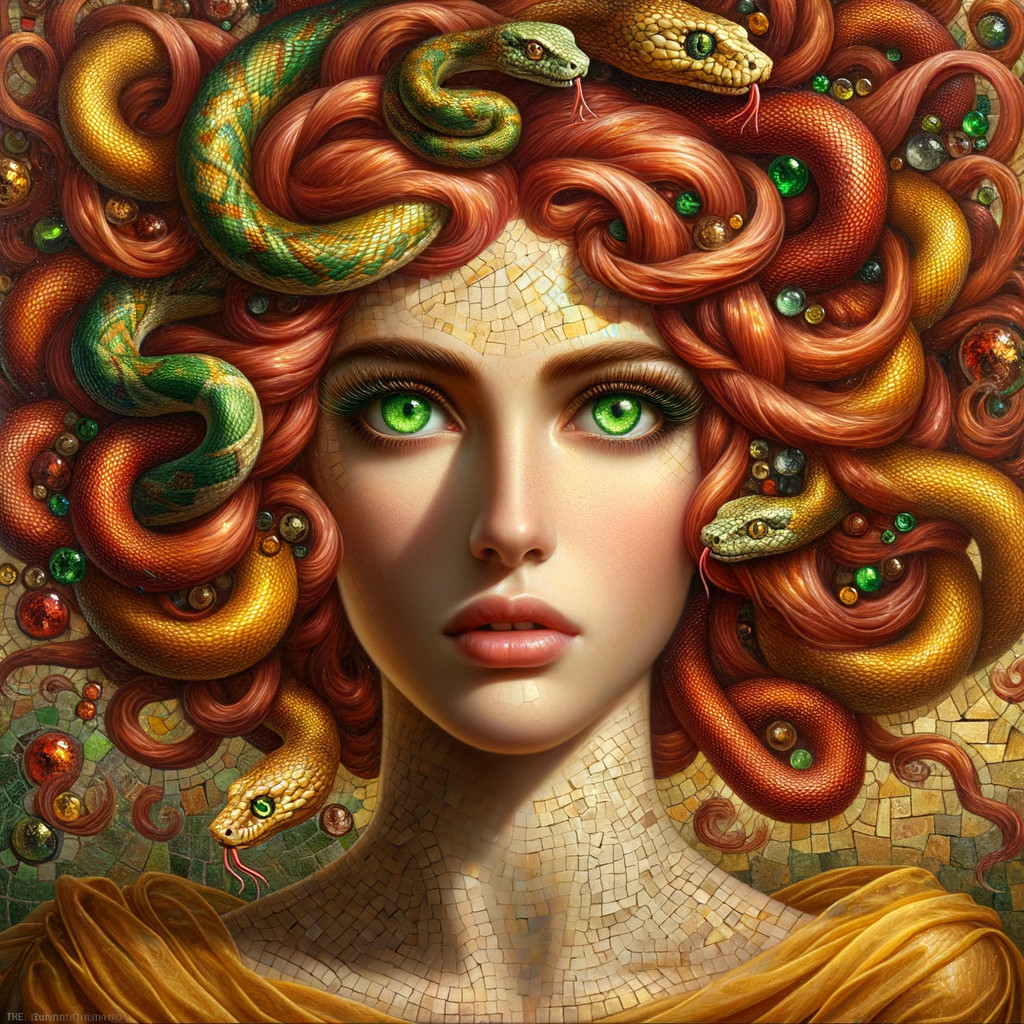 Portrait of a woman with red hair and snake details
