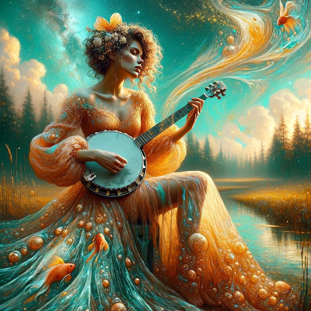 Serene Figure Playing Banjo by a Shimmering River