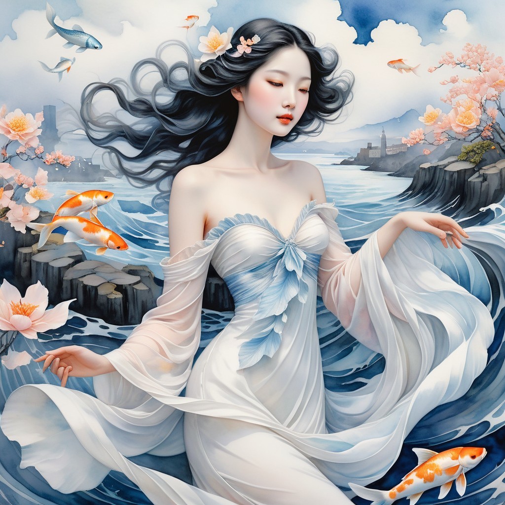 Graceful Woman in White Dress by Water and Blossoms
