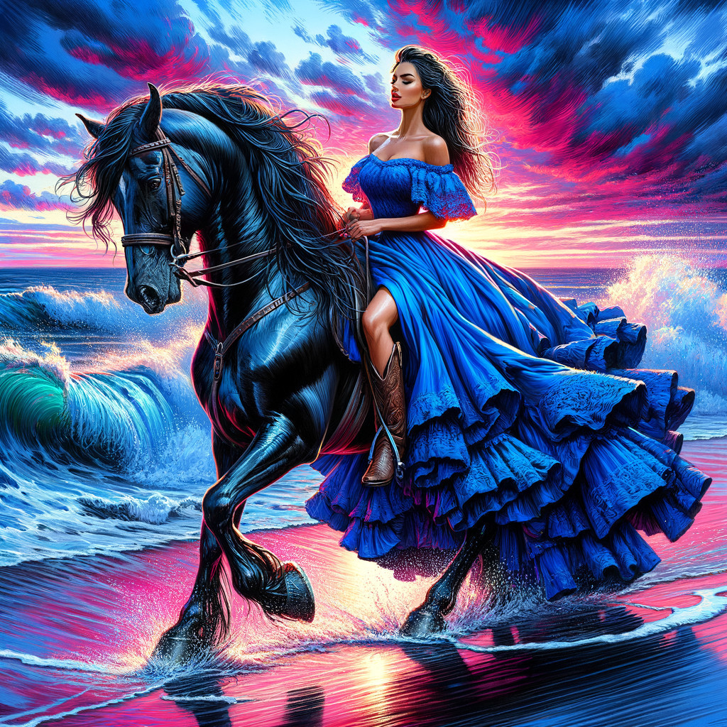 Woman in Blue Dress Riding Black Horse at Sunset