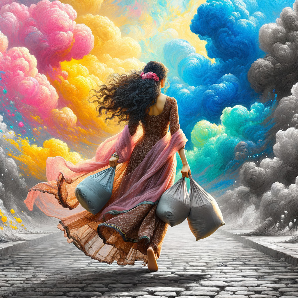 Woman in Brown Dress Walking on Cobblestone Path