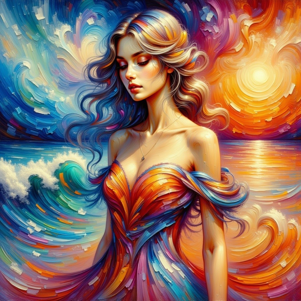 Serene Woman in Colorful Dress Against Sunset Background