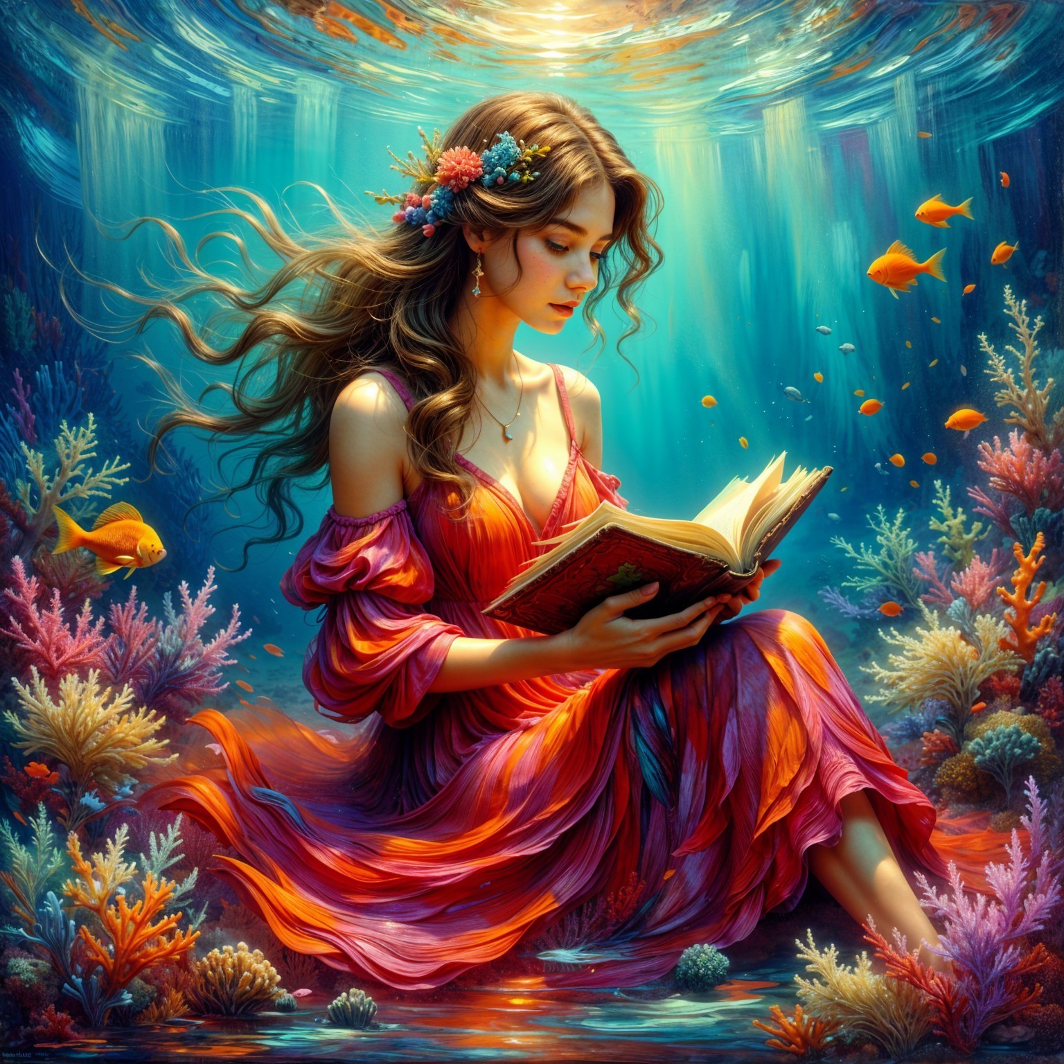 Underwater Scene of a Woman Reading in a Red Dress
