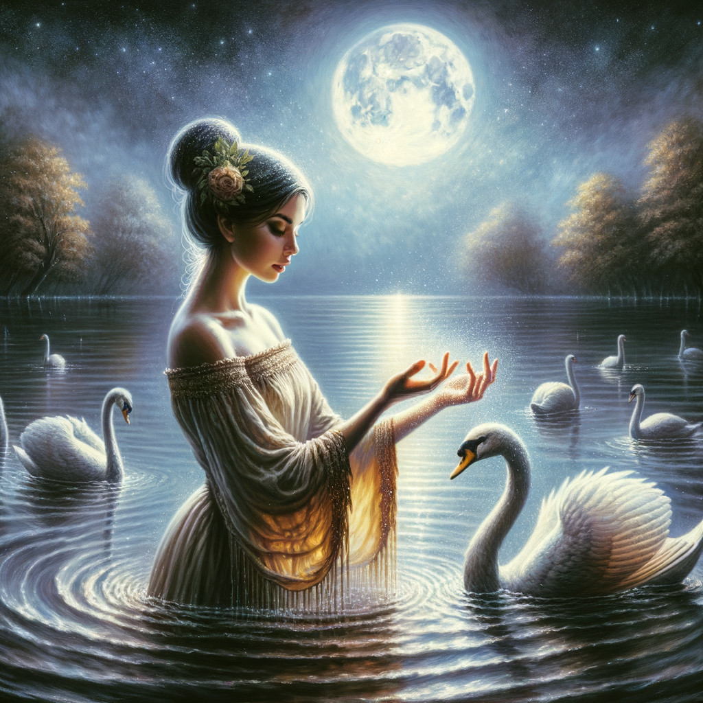 Moonlit Lake Scene with Woman and Swans