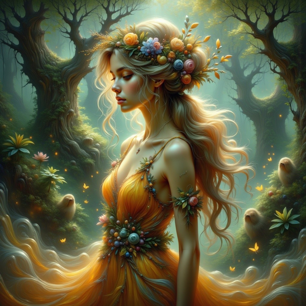 Serene Woman in Ethereal Forest with Floral Crown