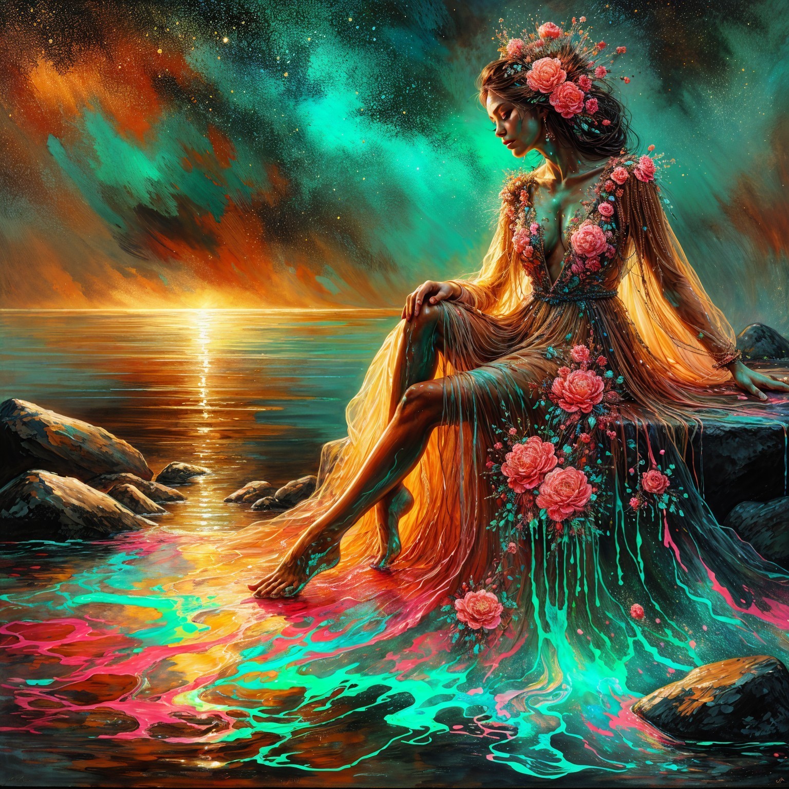 Majestic Figure in Flowing Gown by Rocky Shore