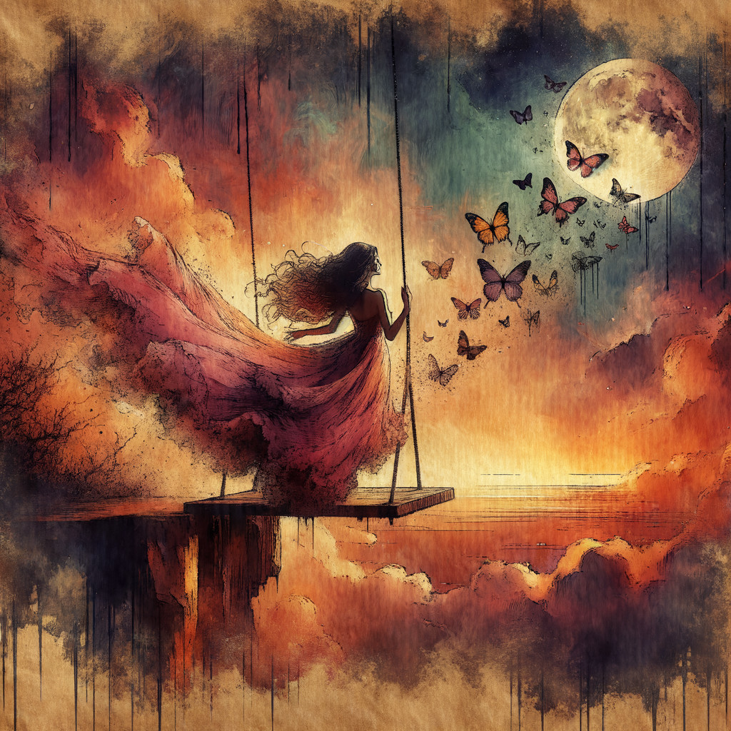 Whimsical Scene with Vibrant Dress and Colorful Clouds