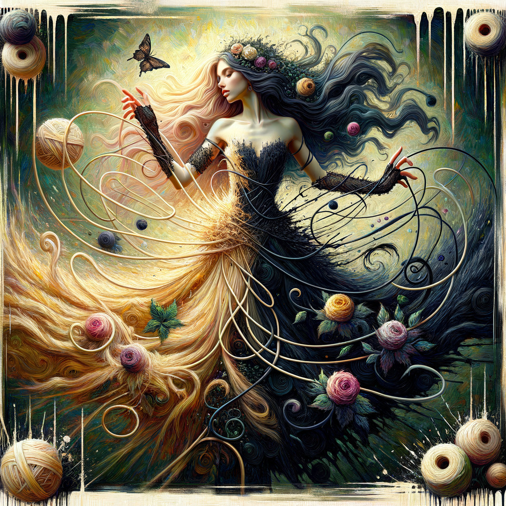 Fantastical Figure Surrounded by Colorful Threads and Flowers