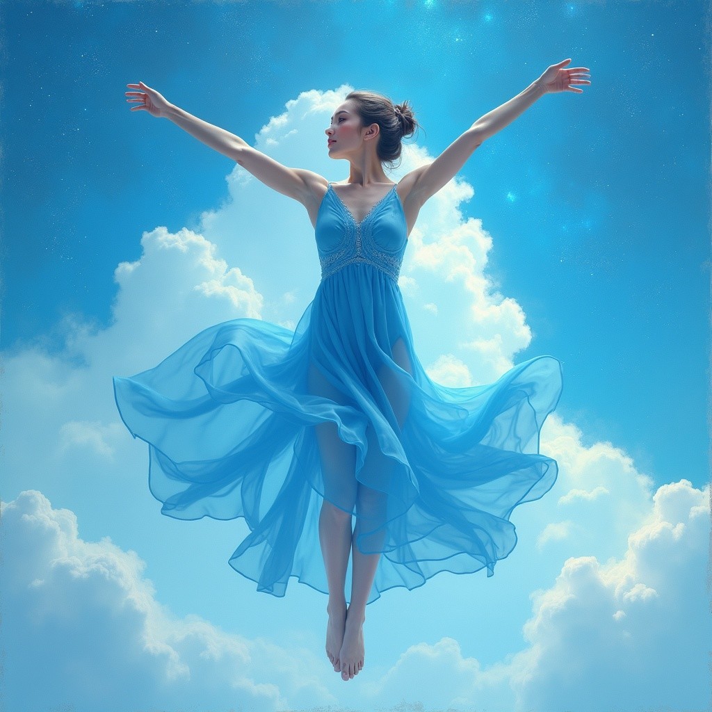Woman in Blue Dress Leaping Against Cloudy Sky