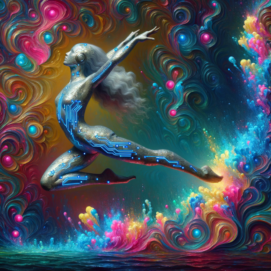 Dynamic Silver-Skinned Figure Against Colorful Background