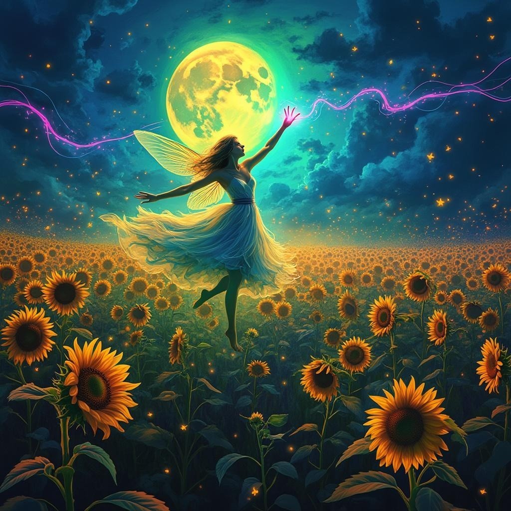 Fairy Dancing Under Full Moon in Sunflower Field