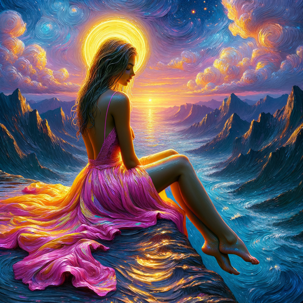 Serene Figure on Rocky Ledge at Sunset Over Ocean
