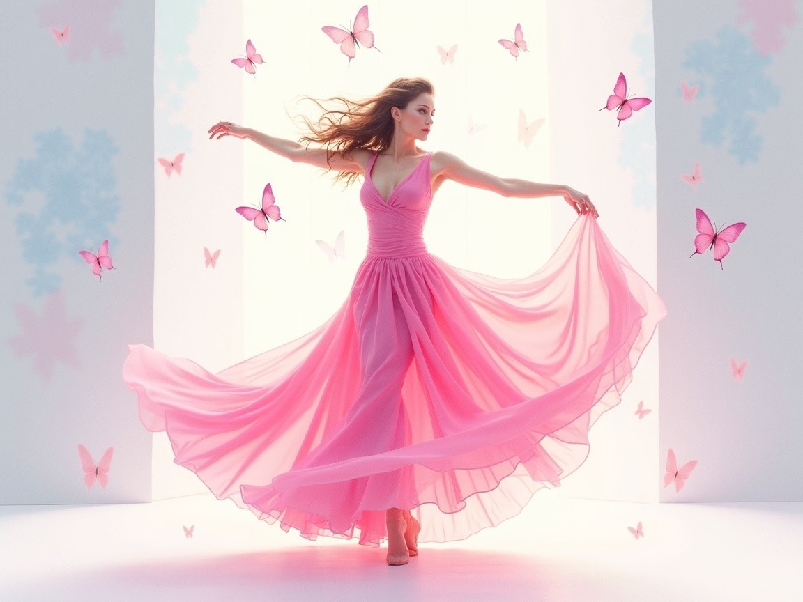 Graceful woman in pink dress with butterflies in air