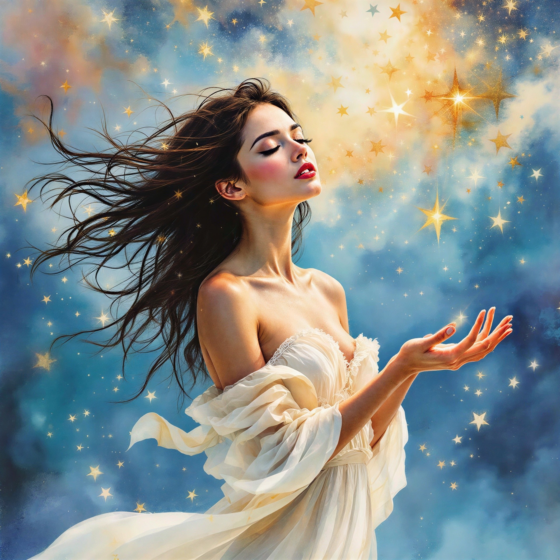 Dreamlike Painting of a Serene Woman in Stars