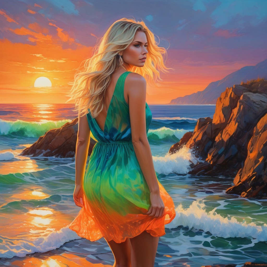Serene sunset with vibrant colors and a young woman