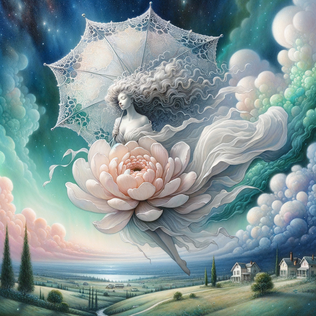 Woman Floating Among Vibrant Clouds and Lotus Flower