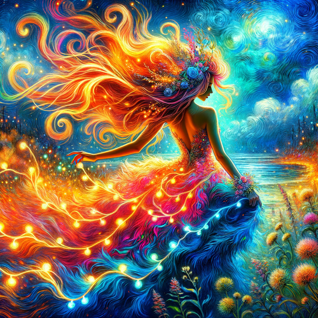 Vibrant Ethereal Figure in Dreamy Night Sky Scene
