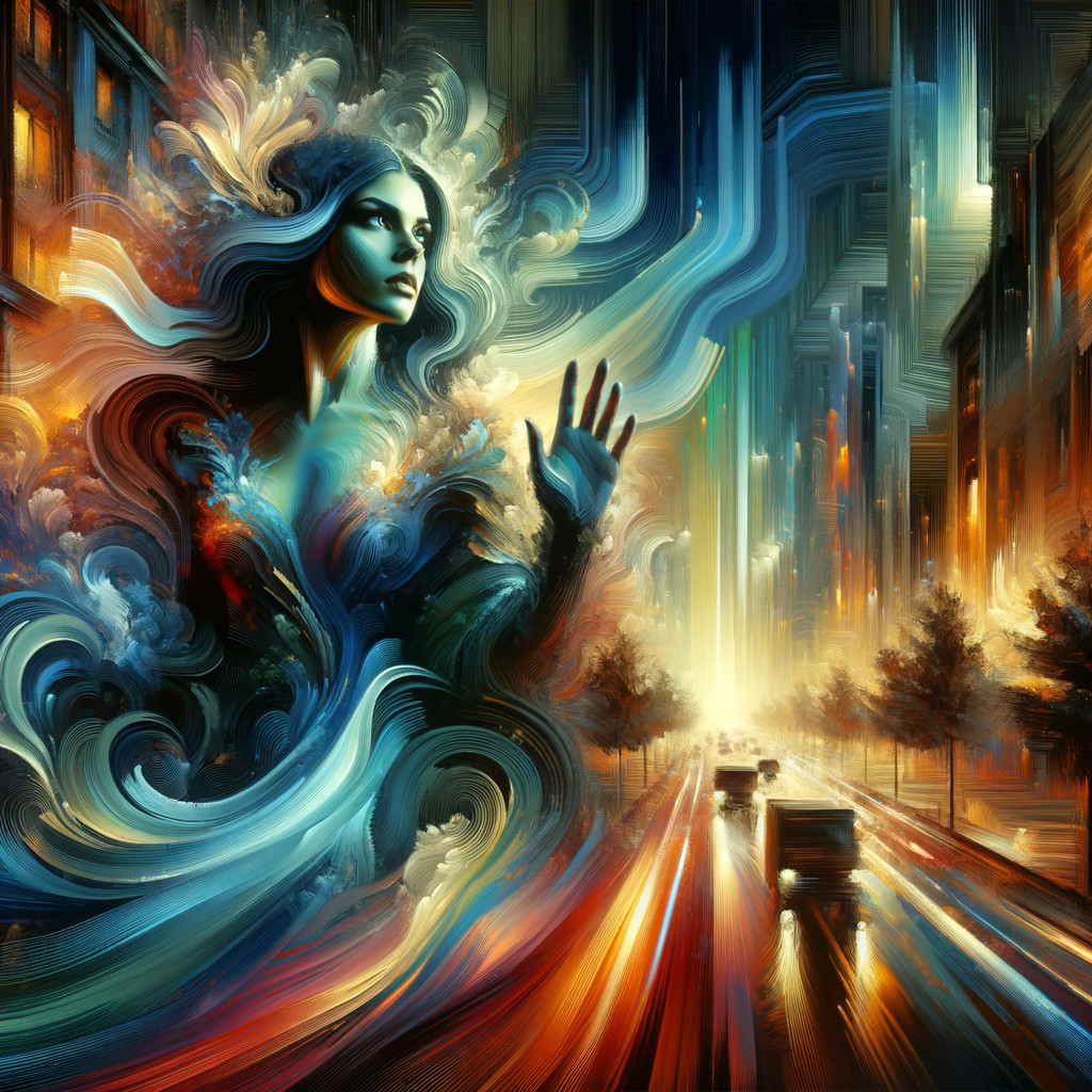 Abstract Cityscape with Ethereal Figure and Colors