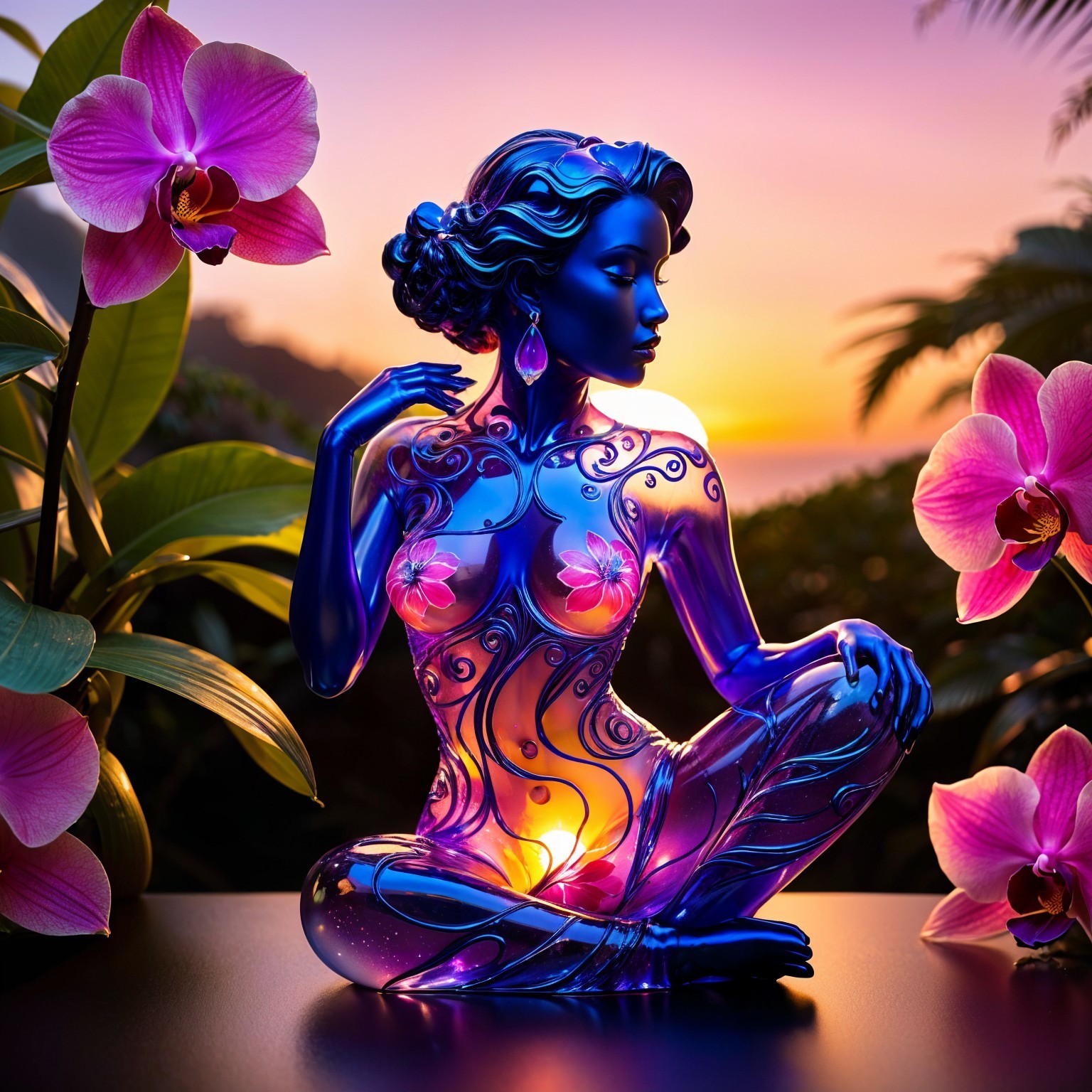 Glass Sculpture of Seated Woman with Floral Motifs