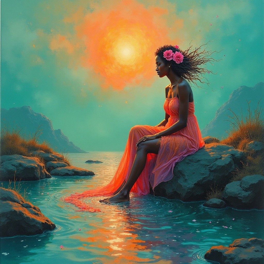 Serene Sunset Scene with Woman by Tranquil Water