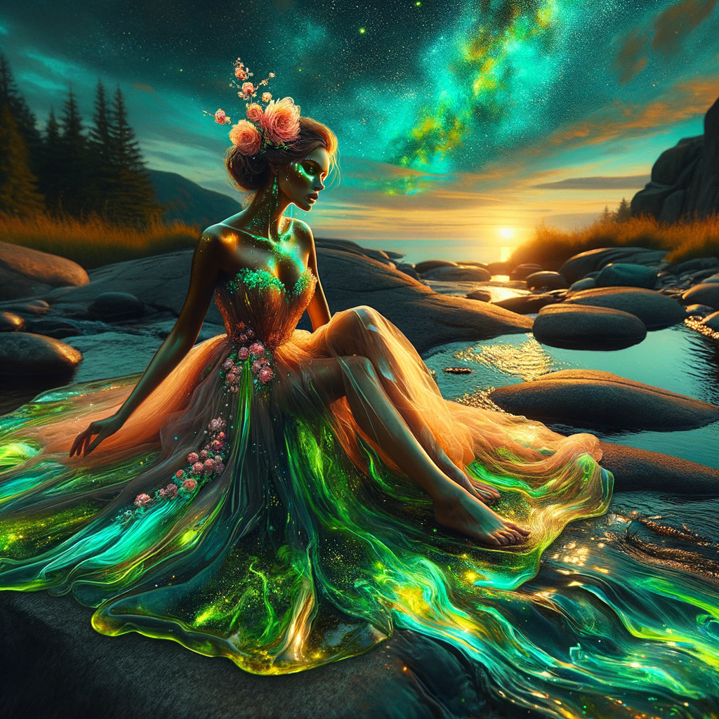 Mystical figure by a shimmering stream at sunset