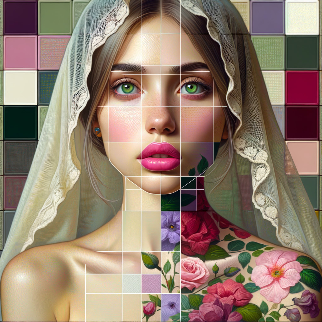 Young woman with green eyes and floral tattoos