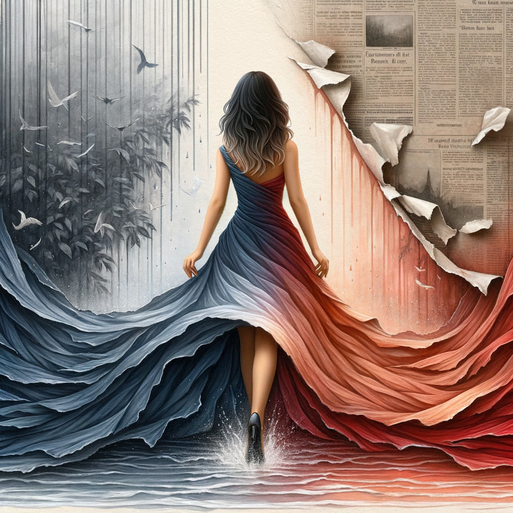 Woman in Long Dress Walking Through Water with Art Contrast